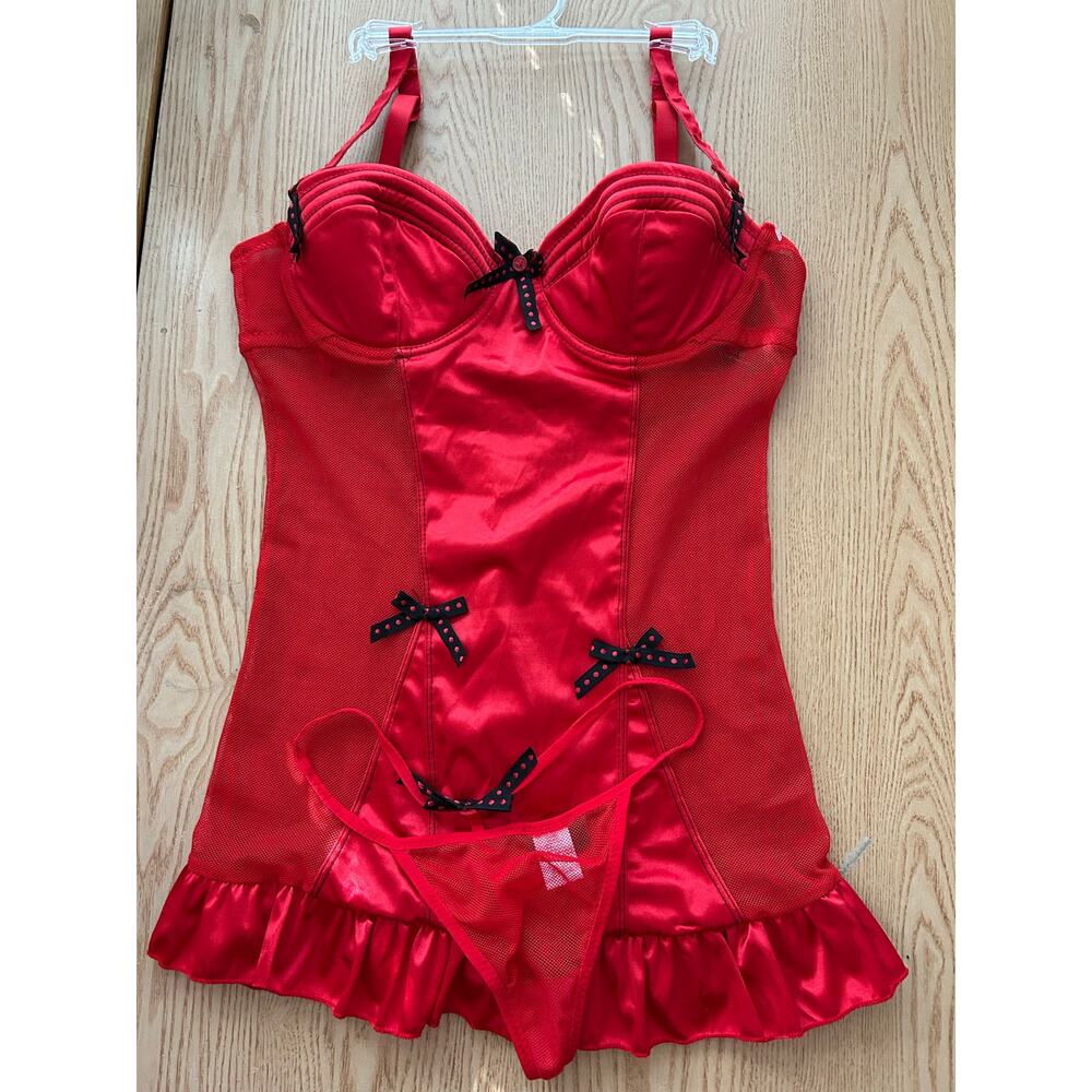 New Womens Rampage Intimates 2Pc Lingerie Sheer Bodysuit & Thongs Red size Large